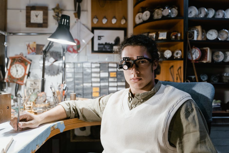 A young watchmaker in a workshop surrounded by clocks and tools, wearing a magnifying loupe.